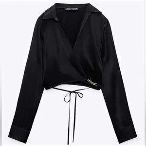 NWT! ZARA satin neck long sleeve plunge wrap blouse gold chain detail medium
